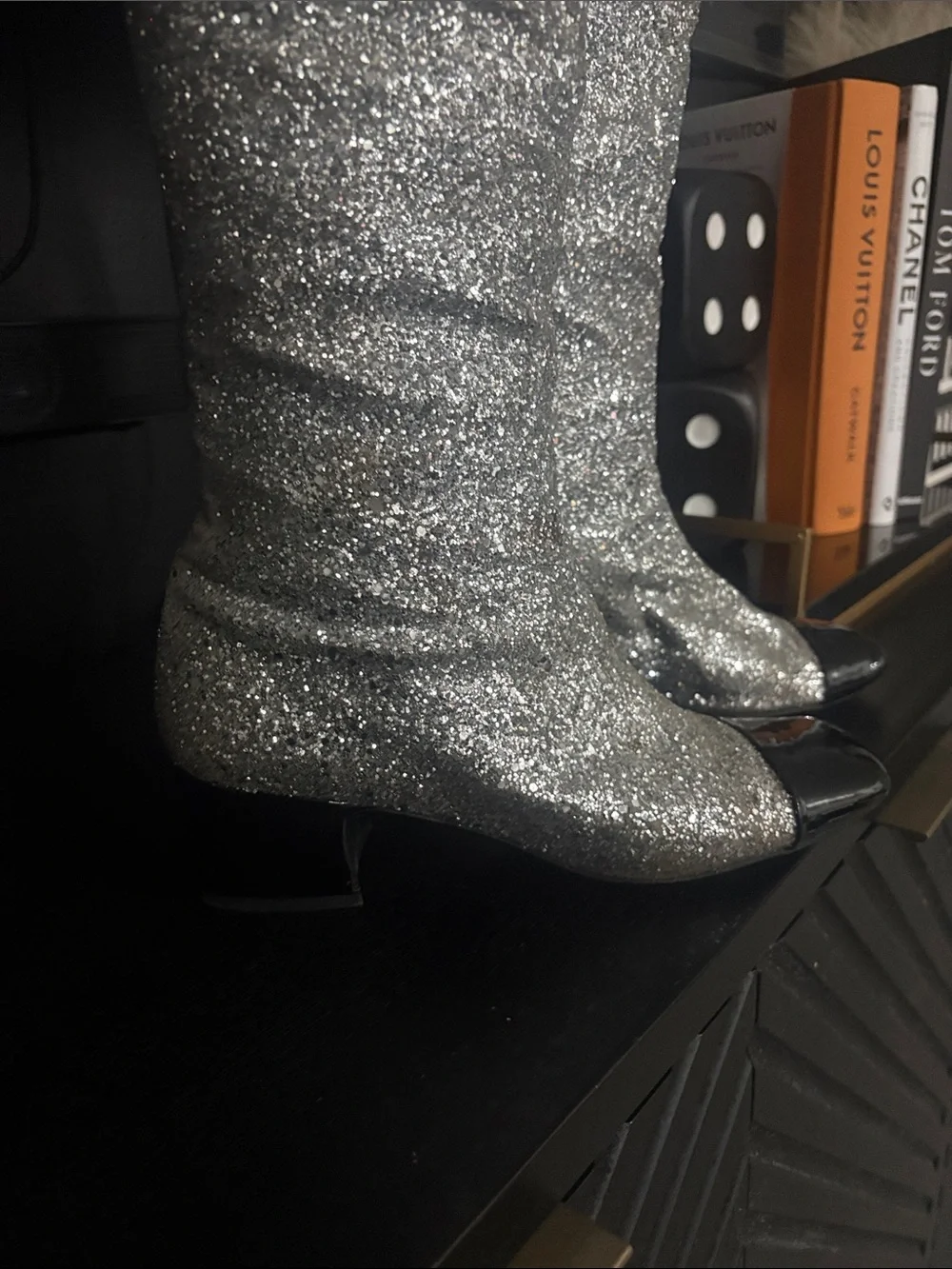 CHANEL AW 2017 Iconic Silver Glitter Black Patent Leather Boot